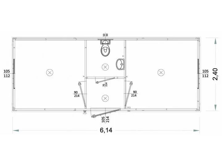 Ufficio prefabbricato con WC e lavabo, bagno centrale, 6 metri – K1