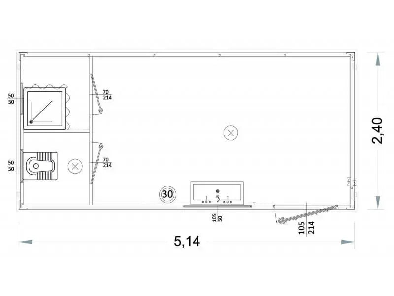Box prefabbricati con WC, lavabo e doccia, servizi igienici separati a 5 metri – P1